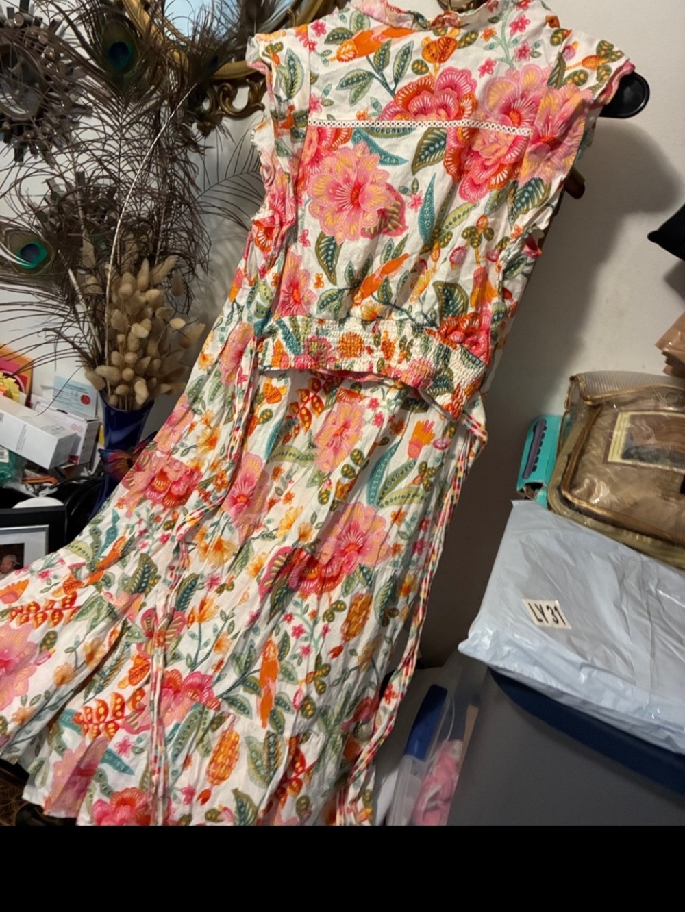 Floral Ruffle Sleeveless Cotton top and a skirt- White with Pink & Orange Flower - Picture 2 of 12
